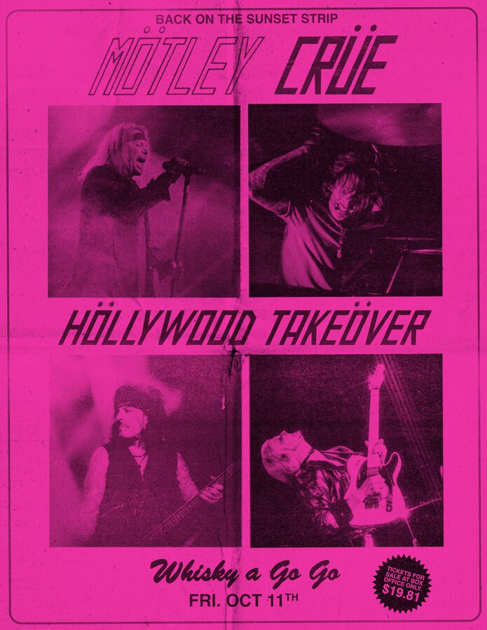 Tour or event poster for Mötley Crüe to Rock Three Iconic Sunset Strip Clubs for $19.81