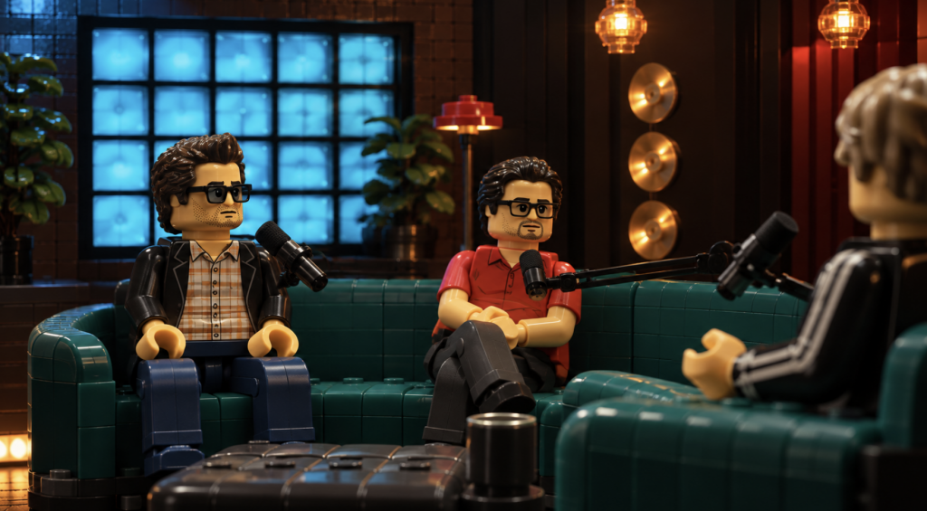 LEGO-style 3D illustration of They Might Be Giants being interviewed in a recording studio