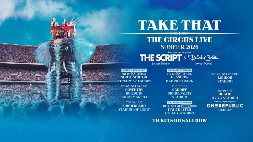 Tour or event poster for Take That Live Debut “Superstar” in 2026 Circus Tour Kickoff