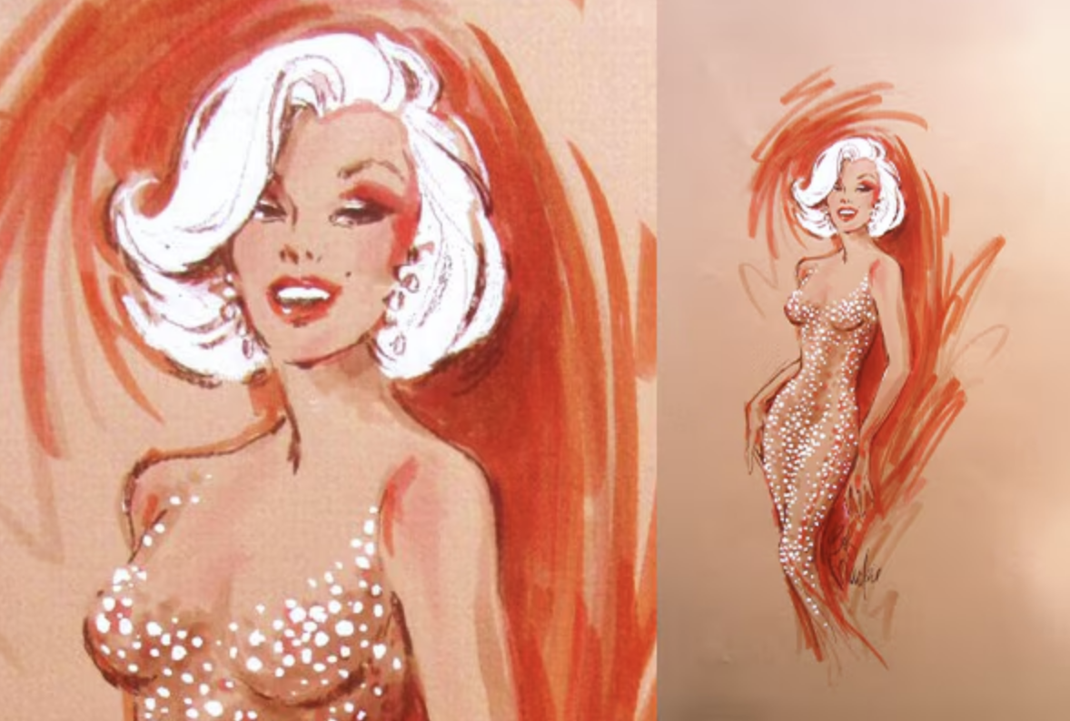 Bob Mackie’s sketch for Marilyn Monroe’s Jean Louis gown