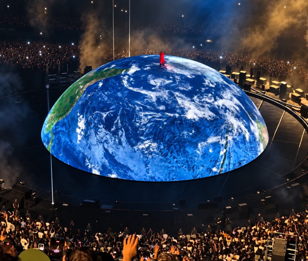 Ye in red on a giant globe stage surrounded by the concert crowd